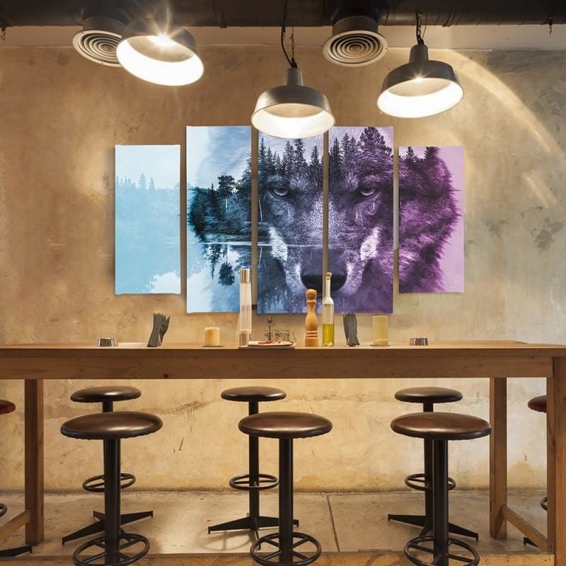 Kanva no 5 daļām - Type B, Wolf On The Forest Background - Purple Home Trends DECO