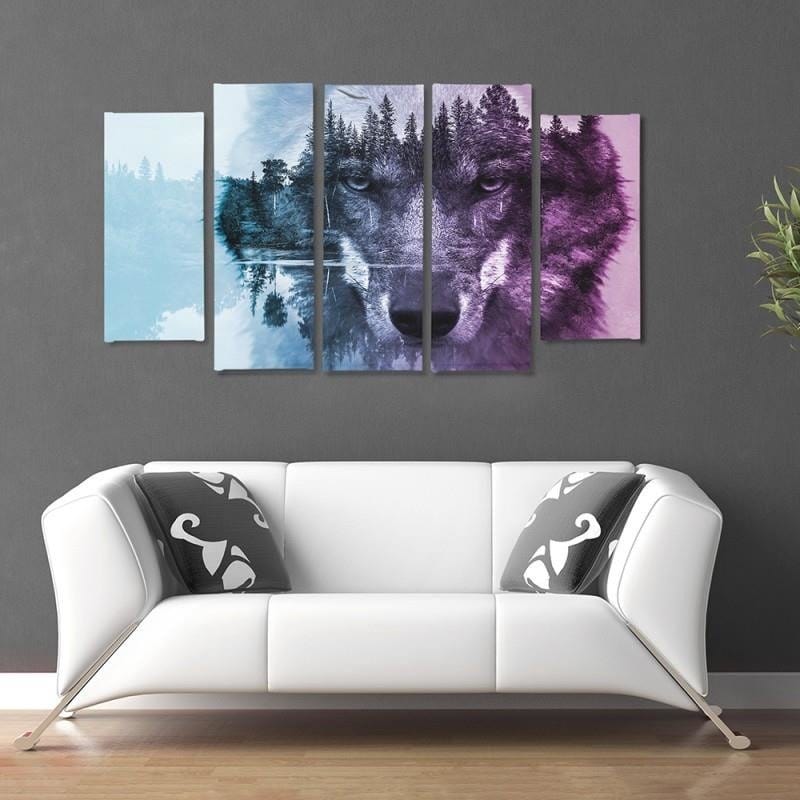 Kanva no 5 daļām - Type B, Wolf On The Forest Background - Purple Home Trends DECO