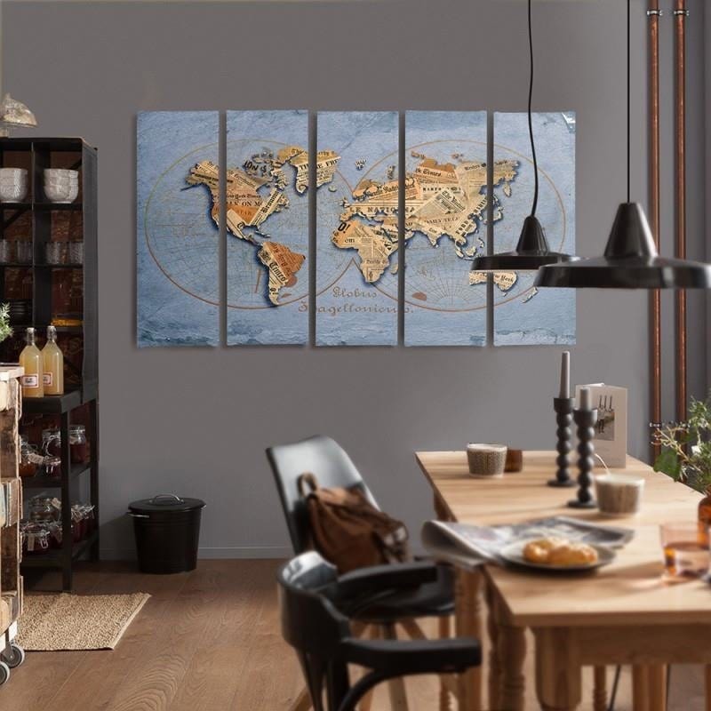 Kanva no 5 daļām - Type C, Newspaper World Map Home Trends DECO