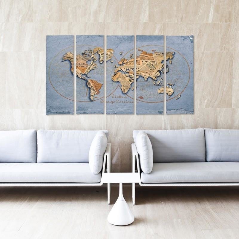 Kanva no 5 daļām - Type C, Newspaper World Map Home Trends DECO