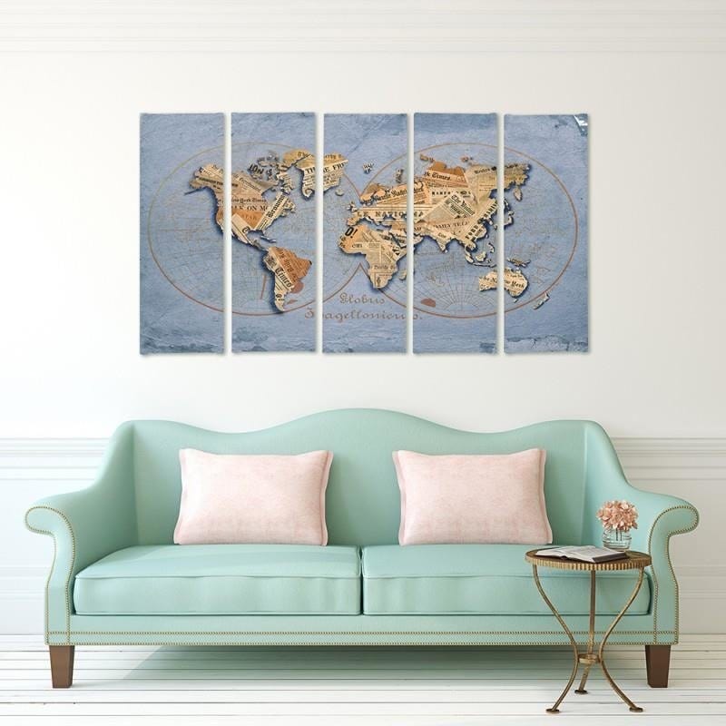 Kanva no 5 daļām - Type C, Newspaper World Map Home Trends DECO