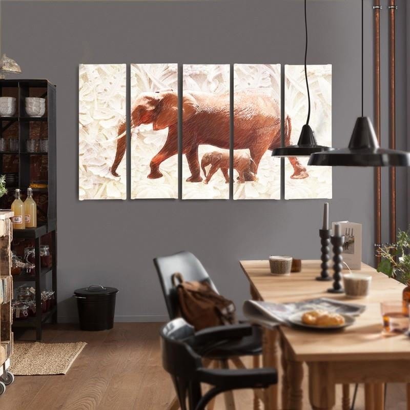 Kanva no 5 daļām - Type C, The Elephant With Her Calf Home Trends DECO