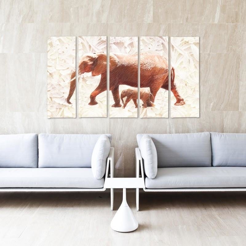 Kanva no 5 daļām - Type C, The Elephant With Her Calf Home Trends DECO