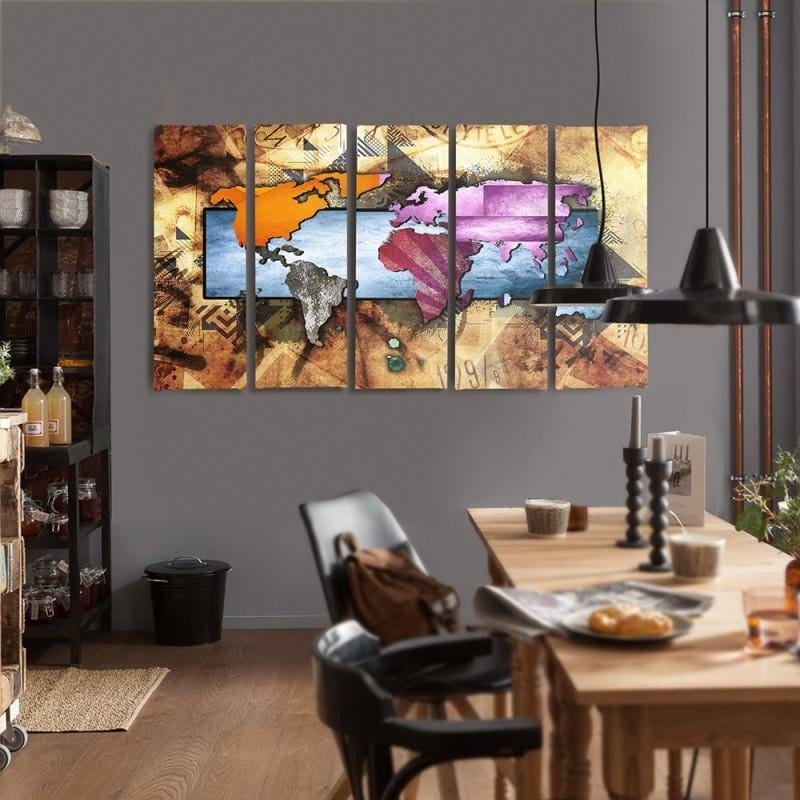 Kanva no 5 daļām - Type C, With A World Map Composition 6 Home Trends DECO
