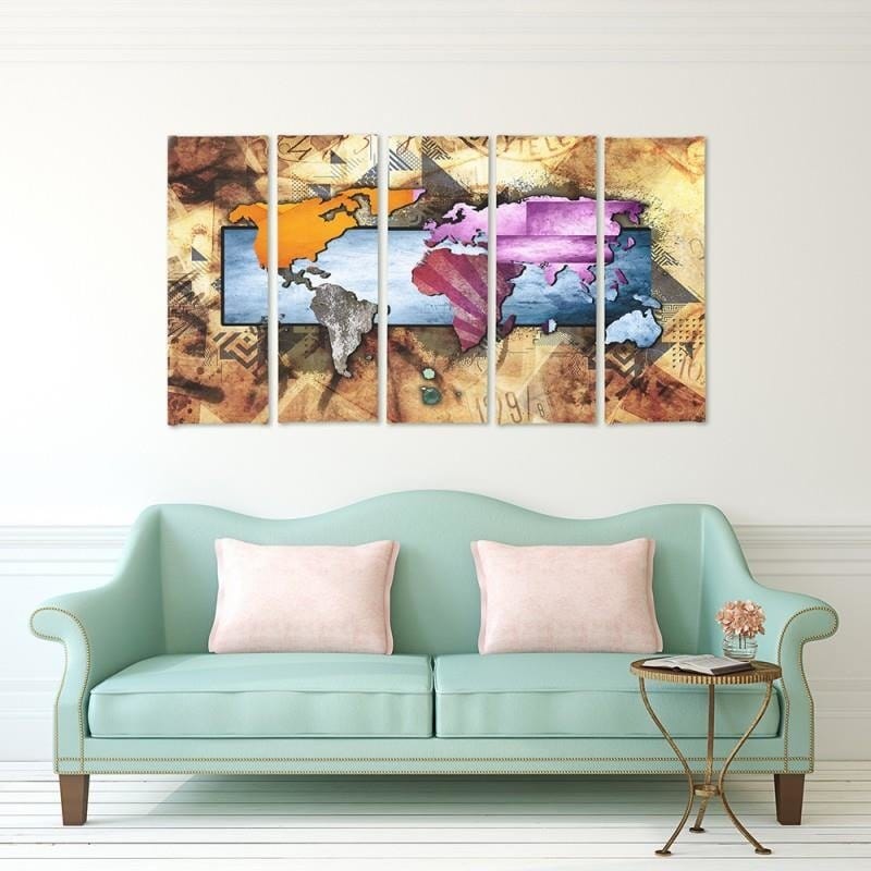 Kanva no 5 daļām - Type C, With A World Map Composition 6 Home Trends DECO