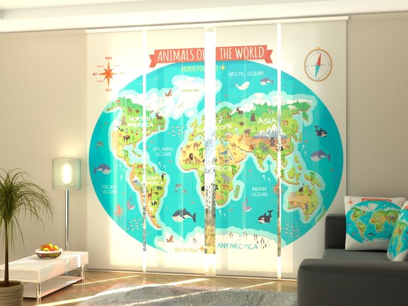 Paneļu aizkari (4 daļas) Kids Map Animals of the World Home Trends