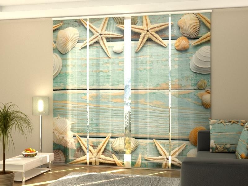 Paneļu aizkari (4 daļas) Seashells on Vintage Wood Home Trends