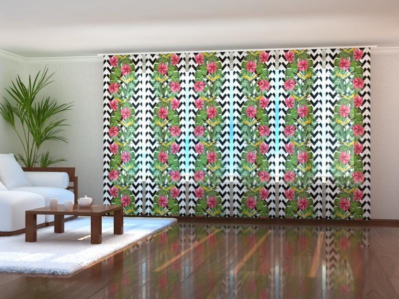Paneļu aizkari (6 daļas) Tropical Leaves and Hibiscus Flowers Screen / 140 / 40 Wellmira