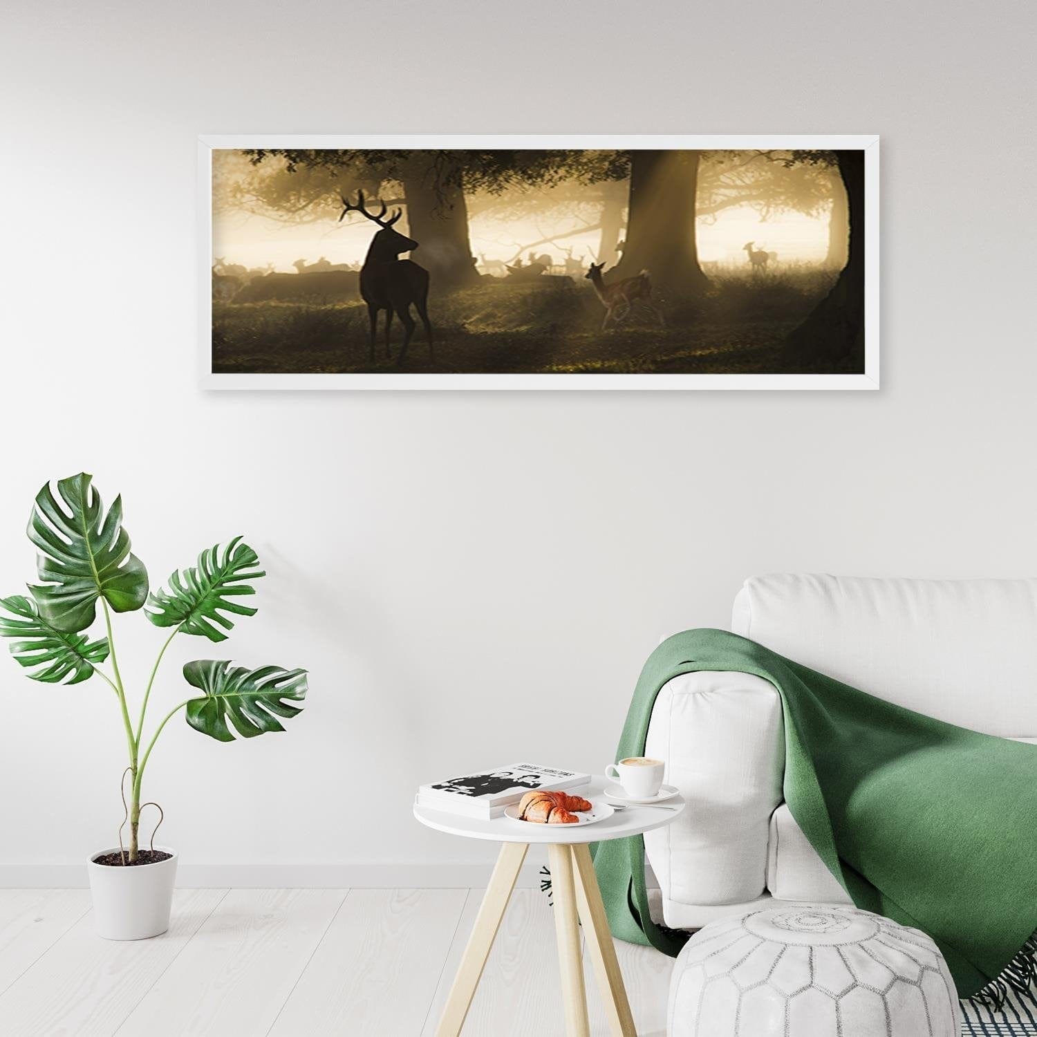 Picture in white frame PANORAMA, Deer In The Fog Home Trends