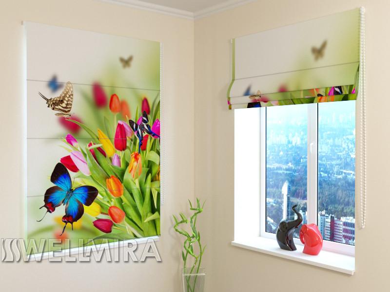 Romiešu žalūzijas Tulips and Butterflies BLACKOUT / 40 / 50 E-interjers.lv