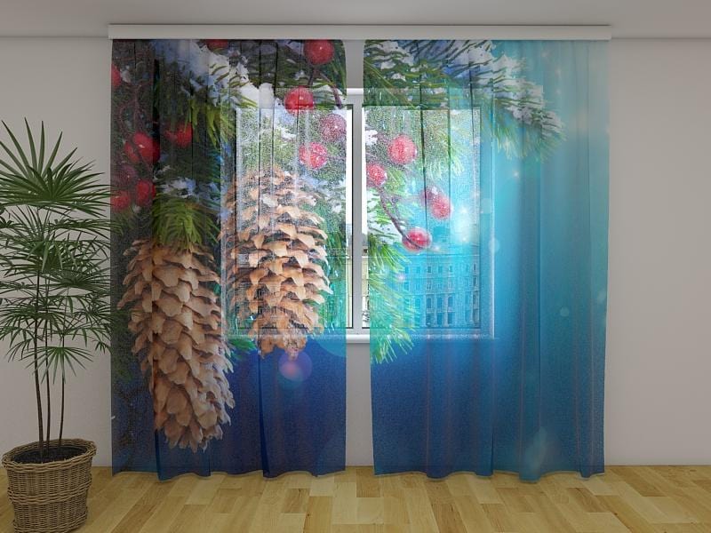 Ziemassvētku aizkari - Čiekuri 180 x 140 cm (2X 90x140 cm) / Сaurspīdīgs šifons E-interjers.lv