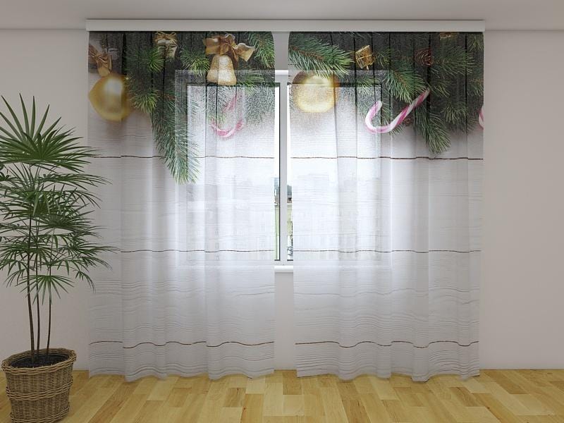 Ziemassvētku aizkari - Zelta zvans 180 x 140 cm (2X 90x140 cm) / Сaurspīdīgs šifons E-interjers.lv