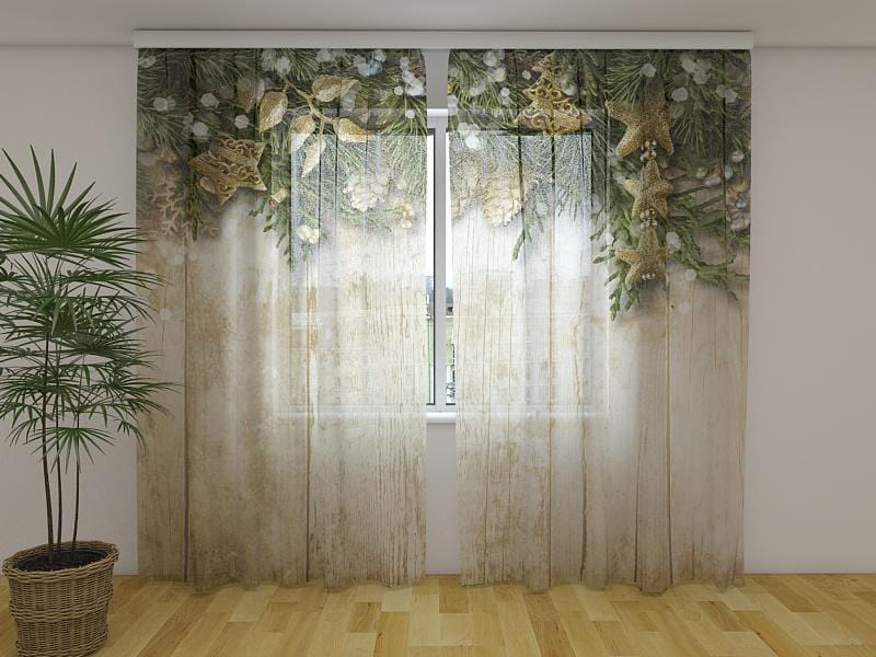 Ziemassvētku aizkari - Ziemassvētku egļu zari 180 x 140 cm (2X 90x140 cm) / Сaurspīdīgs šifons E-interjers.lv