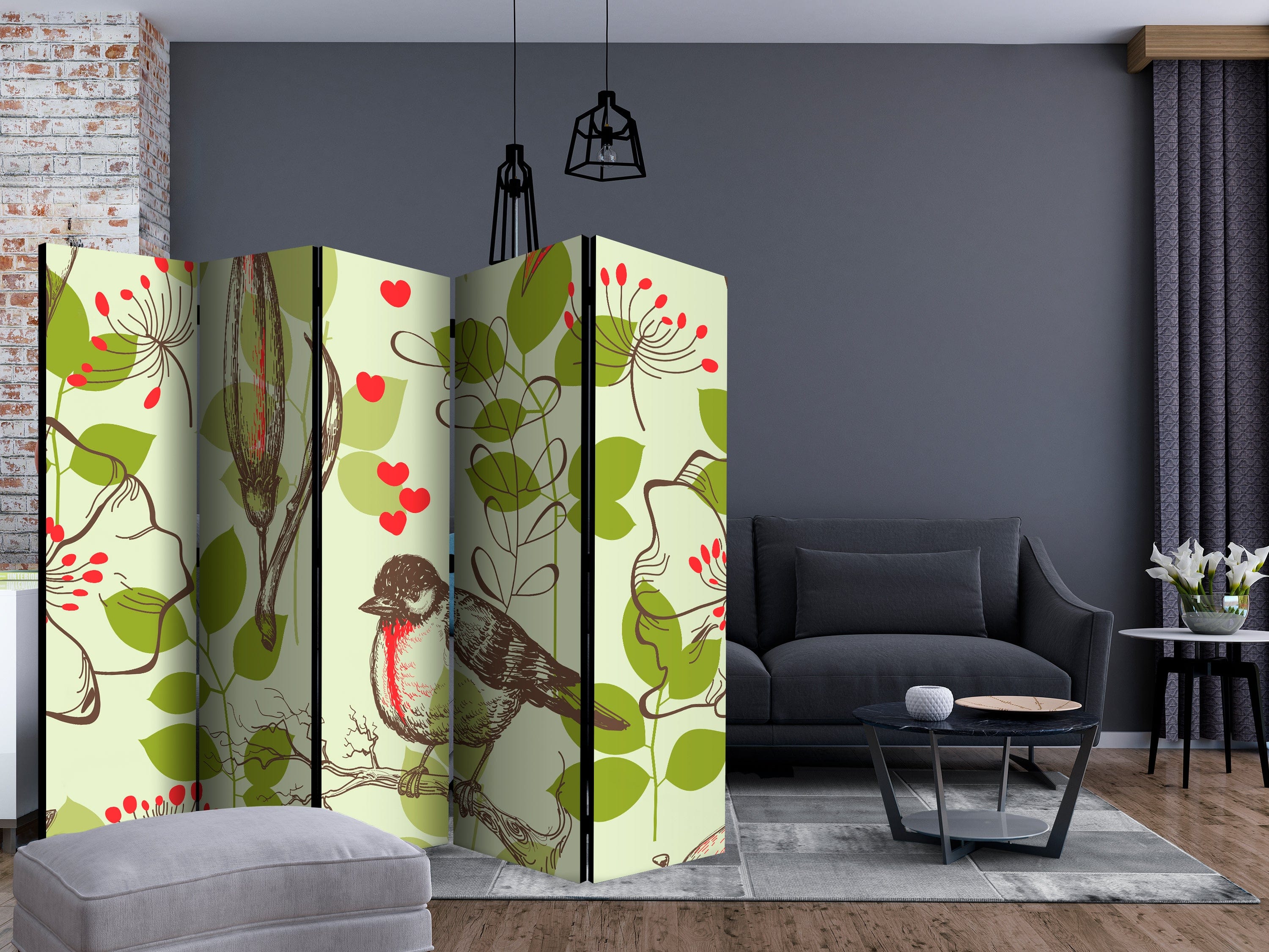 Aizslietnis 5-daļīgs - Putnu un liliju vintāžas raksts (225x172cm) Home Trends