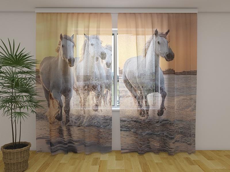 Dienas un nakts aizkari - Baltie zirgi saulrieta laikā Francijā 180 x 140 cm (2X 90x140 cm) / Сaurspīdīgs šifons E-interjers.lv