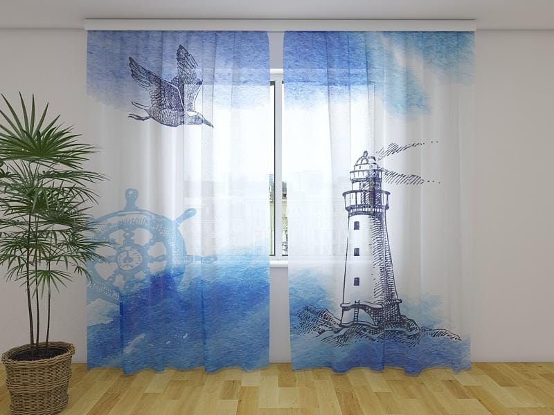 Dienas un nakts aizkari - Jūras akvareļu ilustrācija 180 x 140 cm (2X 90x140 cm) / Сaurspīdīgs šifons E-interjers.lv