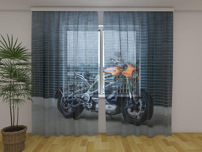 Dienas un nakts aizkari - Melns motocikls Harley Davidson 180 x 140 cm (2X 90x140 cm) / Сaurspīdīgs šifons E-interjers.lv