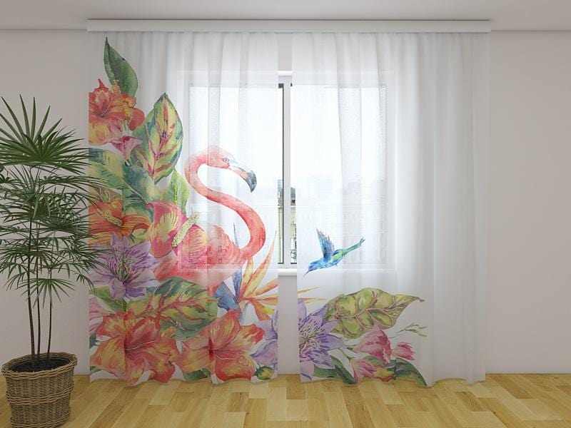 Dienas un nakts aizkari - Tropiskais flamingo 180 x 140 cm (2X 90x140 cm) / Сaurspīdīgs šifons E-interjers.lv