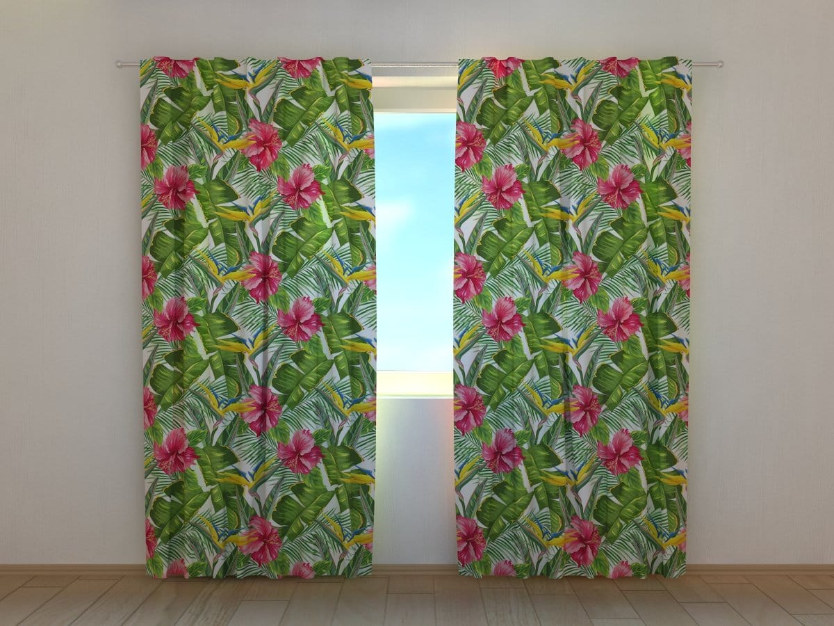 Dienas un nakts aizkari - Tropiskās lapas un strelitzija 180 x 140 cm (2X 90x140 cm) / SCREEN E-interjers.lv