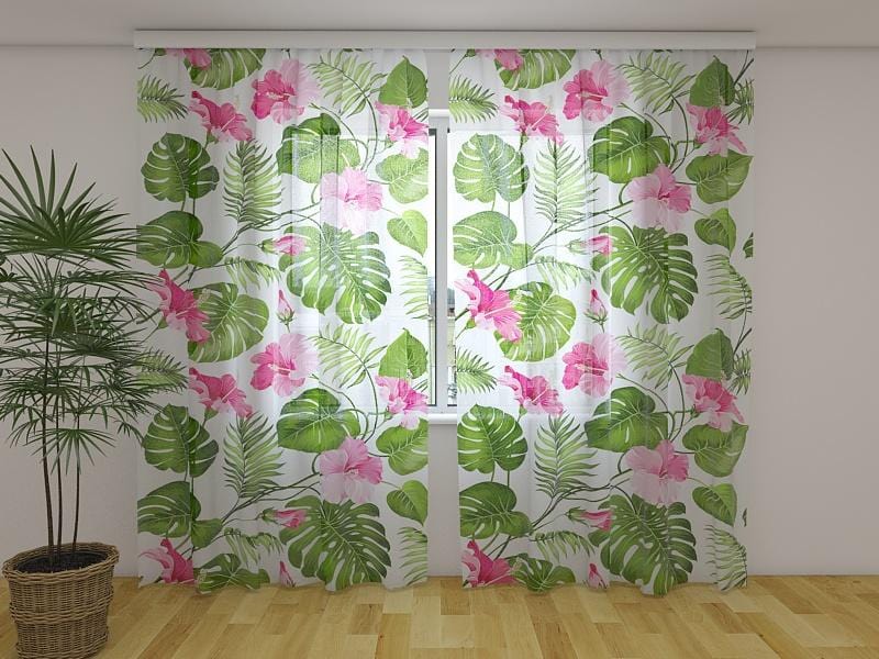 Dienas un nakts aizkari - Tropiskās puķes uz baltā 180 x 140 cm (2X 90x140 cm) / Сaurspīdīgs šifons E-interjers.lv