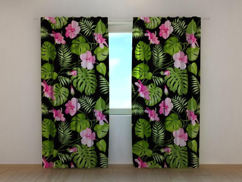 Dienas un nakts aizkari - Tropu ziedi uz melnā 180 x 140 cm (2X 90x140 cm) / SCREEN E-interjers.lv