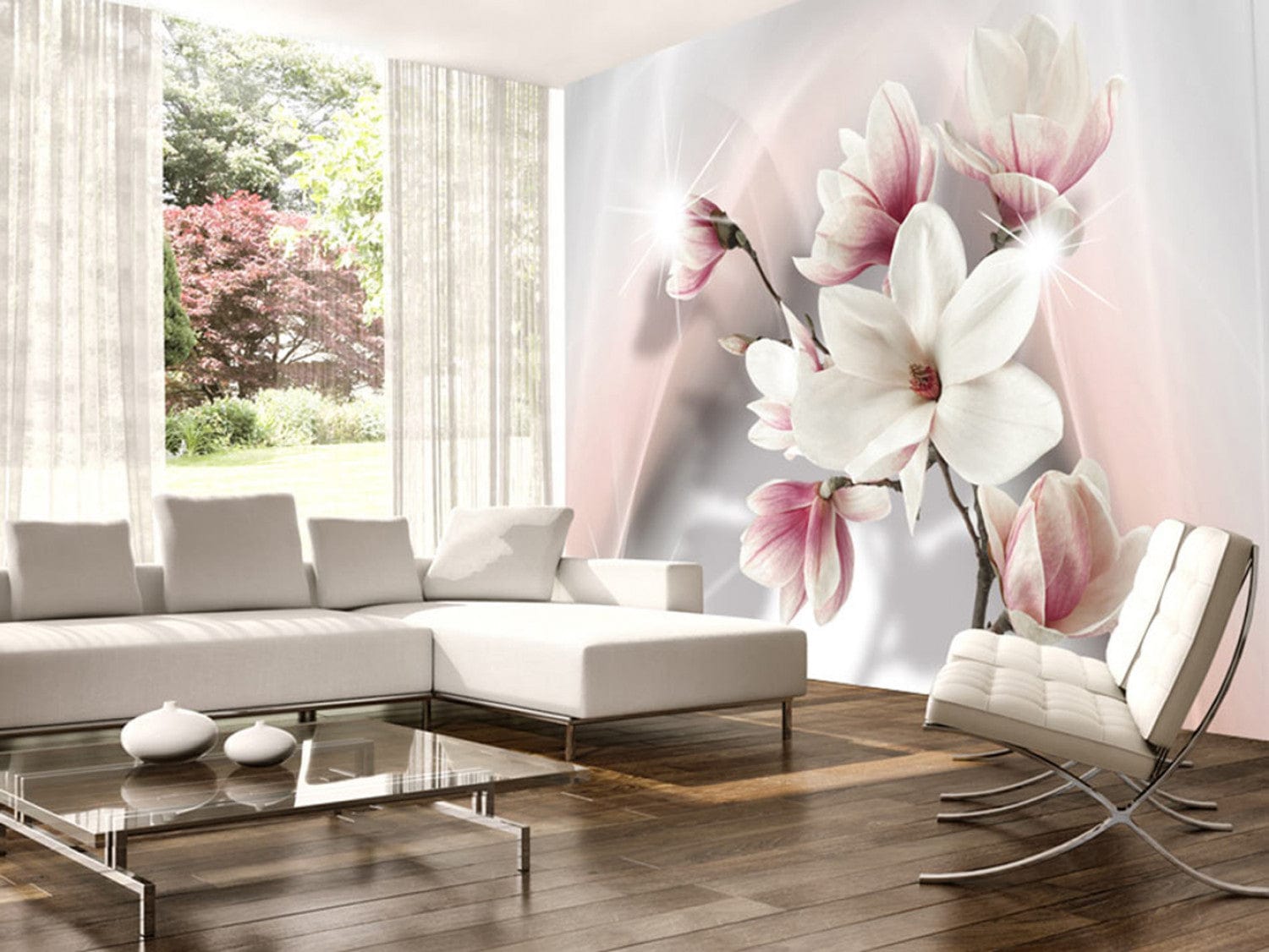 Fototapetes ar magnolijām uz balta un pelēka fona - Baltās magnolijas E-interjers.lv