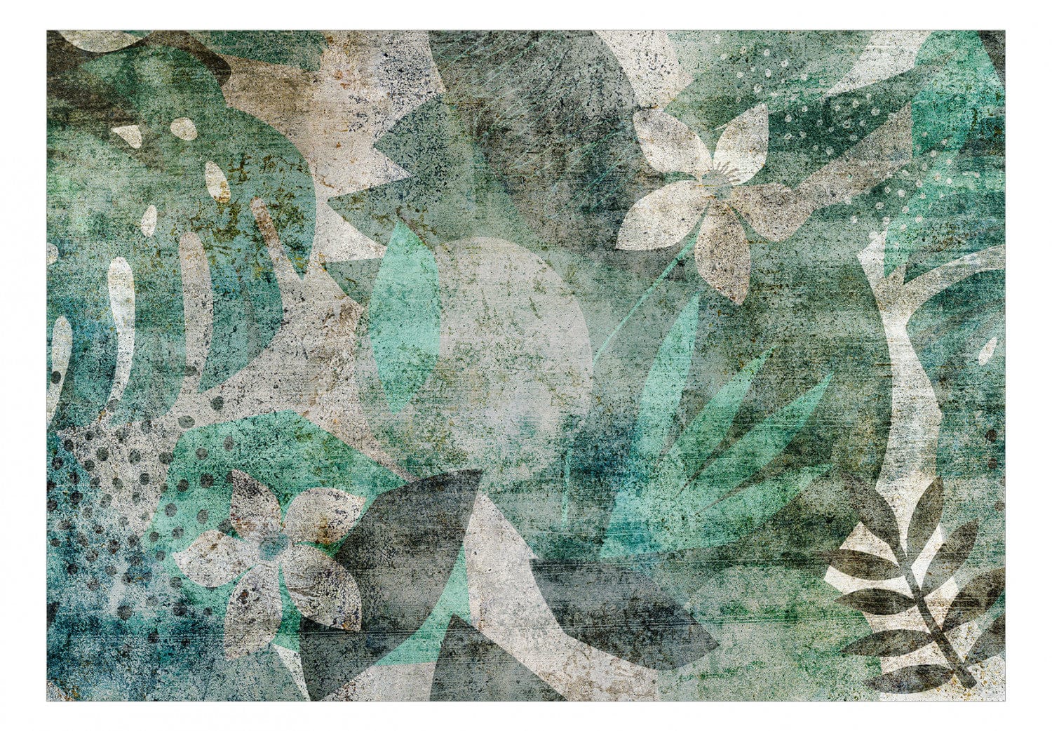 Fototapetes ar mežu - zaļas lapas uz pelēka fona ar betona imitāciju, 136092 E-interjers.lv