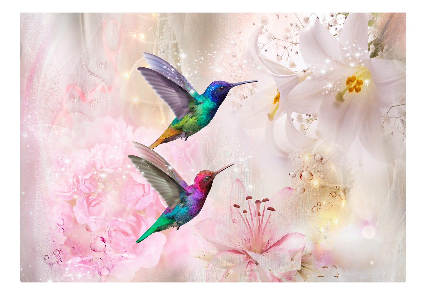 Fototapetes ar ziediem - Krāsainie kolibri (rozā) E-interjers.lv