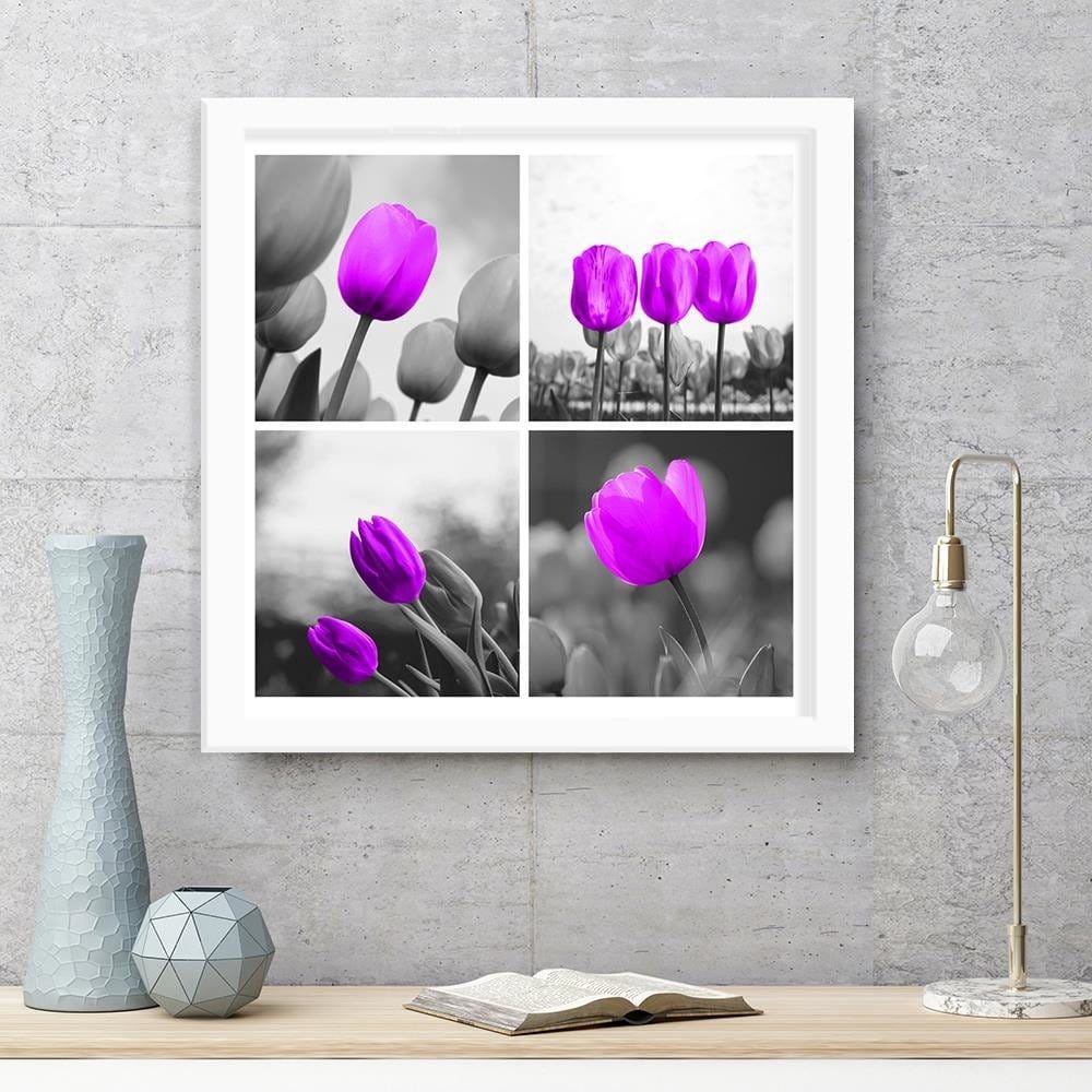Glezna baltā rāmī - A Set Of Purple Tulips Home Trends DECO