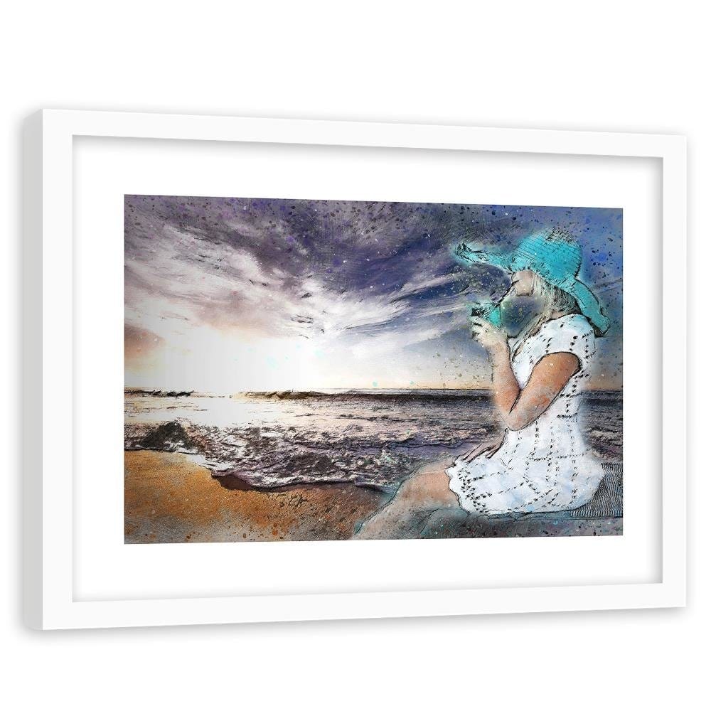Glezna baltā rāmī - A Woman In A Hat By The Sea Home Trends DECO