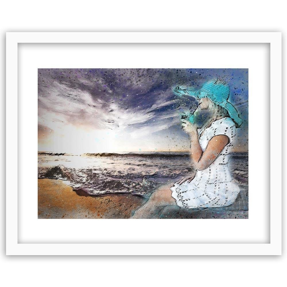 Glezna baltā rāmī - A Woman In A Hat By The Sea Home Trends DECO
