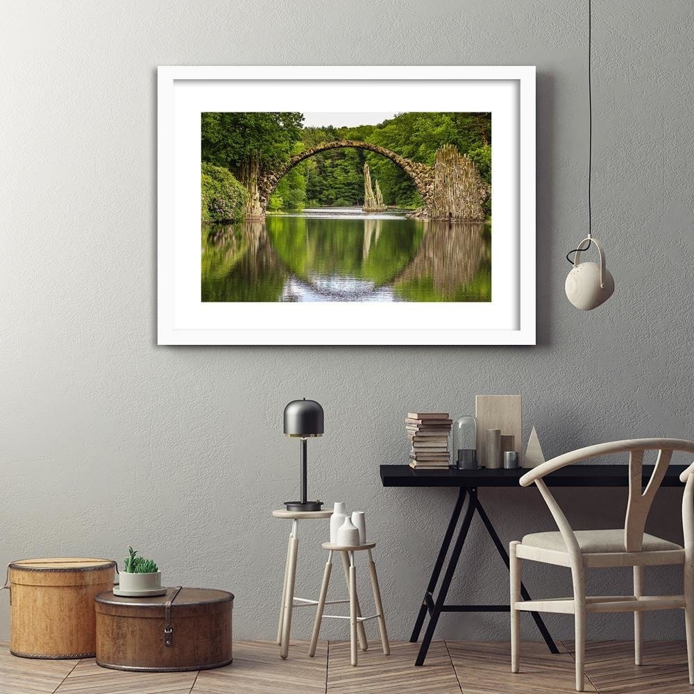 Glezna baltā rāmī - Arch Bridge Over The Lake Home Trends DECO