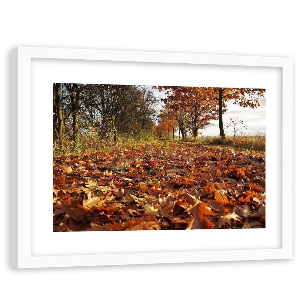 Glezna baltā rāmī - Autumn Leaves On The Forest Road Home Trends DECO