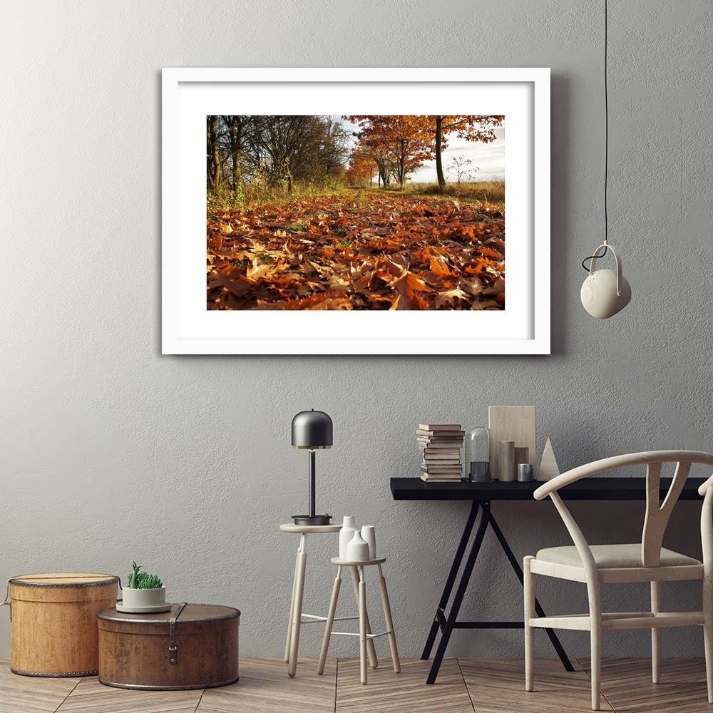Glezna baltā rāmī - Autumn Leaves On The Forest Road Home Trends DECO