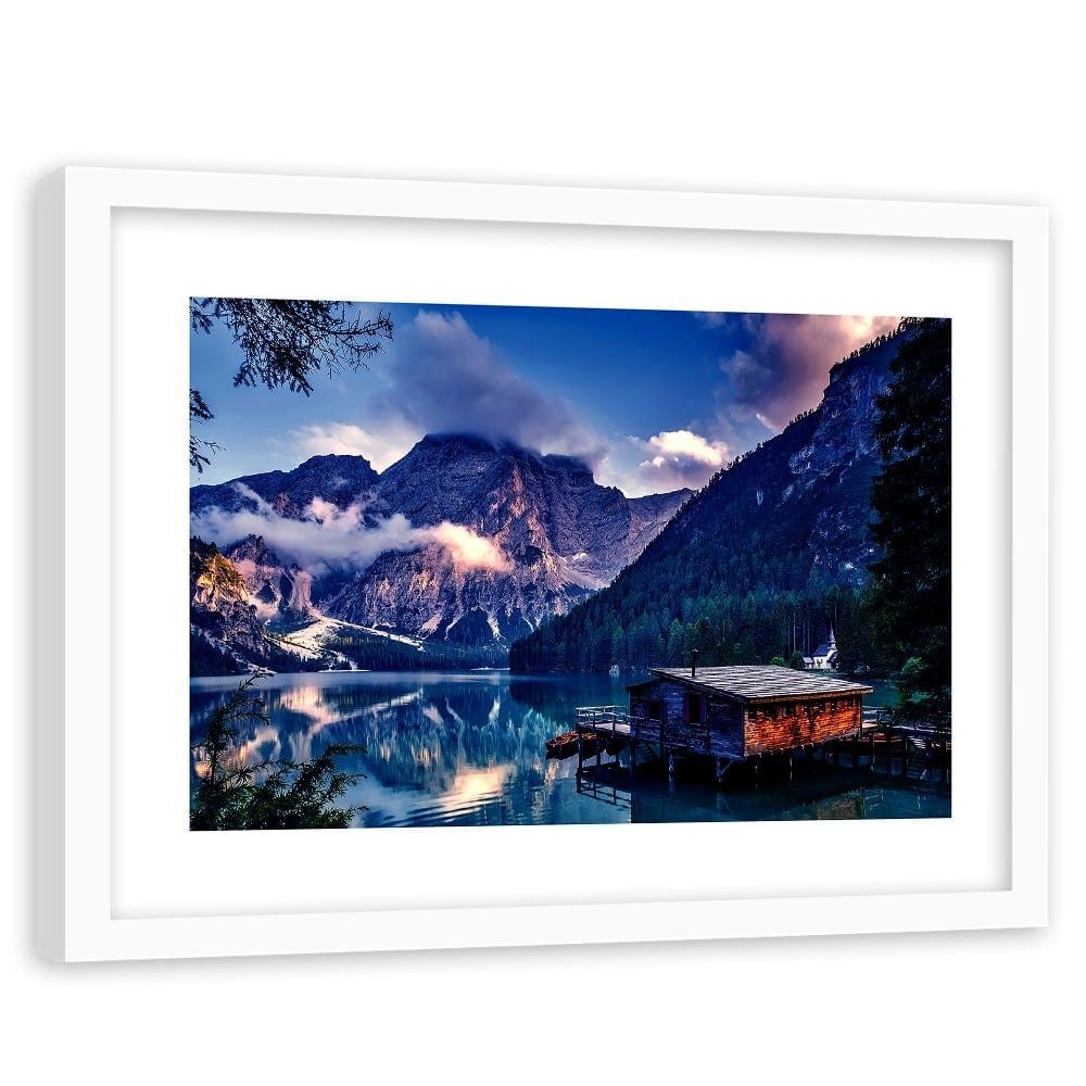 Glezna baltā rāmī - Beautiful Mountain Lake Home Trends DECO