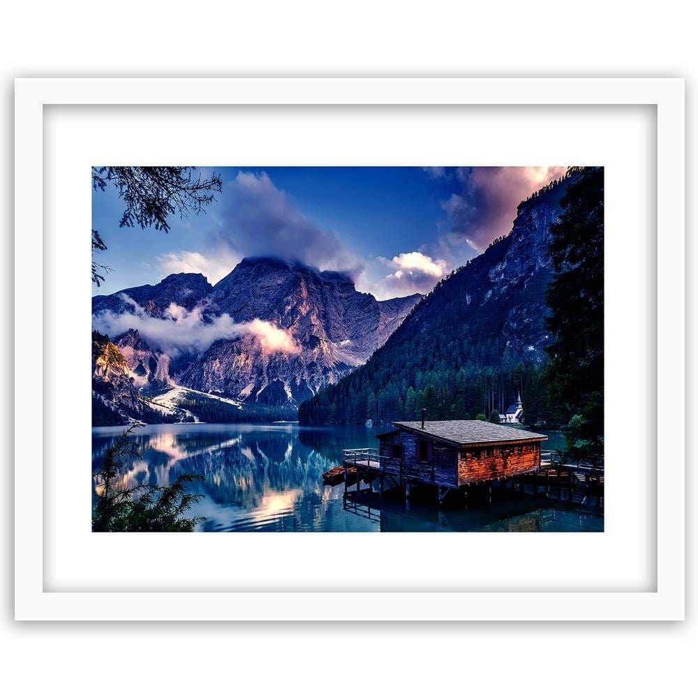 Glezna baltā rāmī - Beautiful Mountain Lake Home Trends DECO