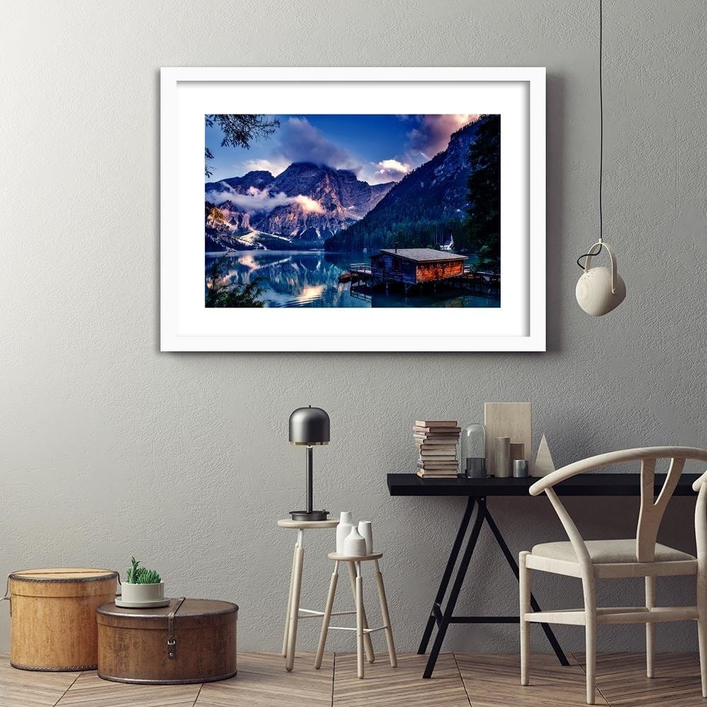 Glezna baltā rāmī - Beautiful Mountain Lake Home Trends DECO