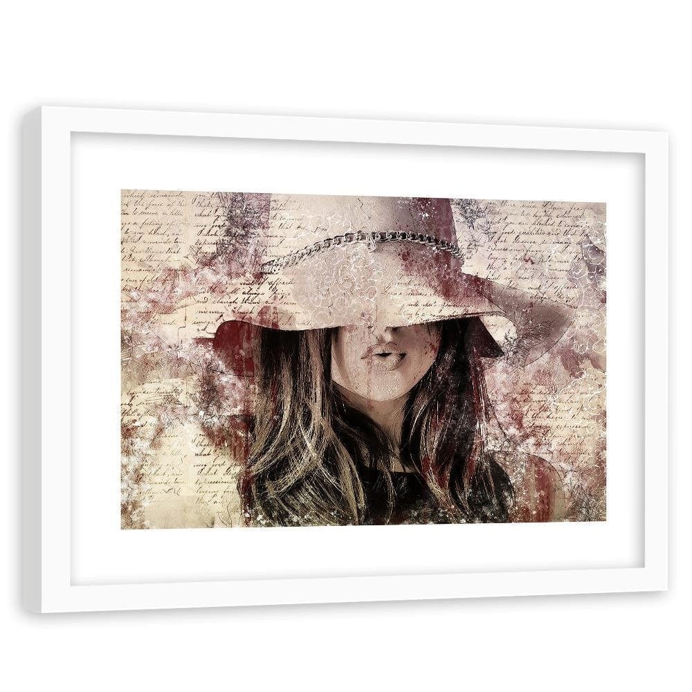 Glezna baltā rāmī - Beautiful Woman In A Hat Home Trends DECO