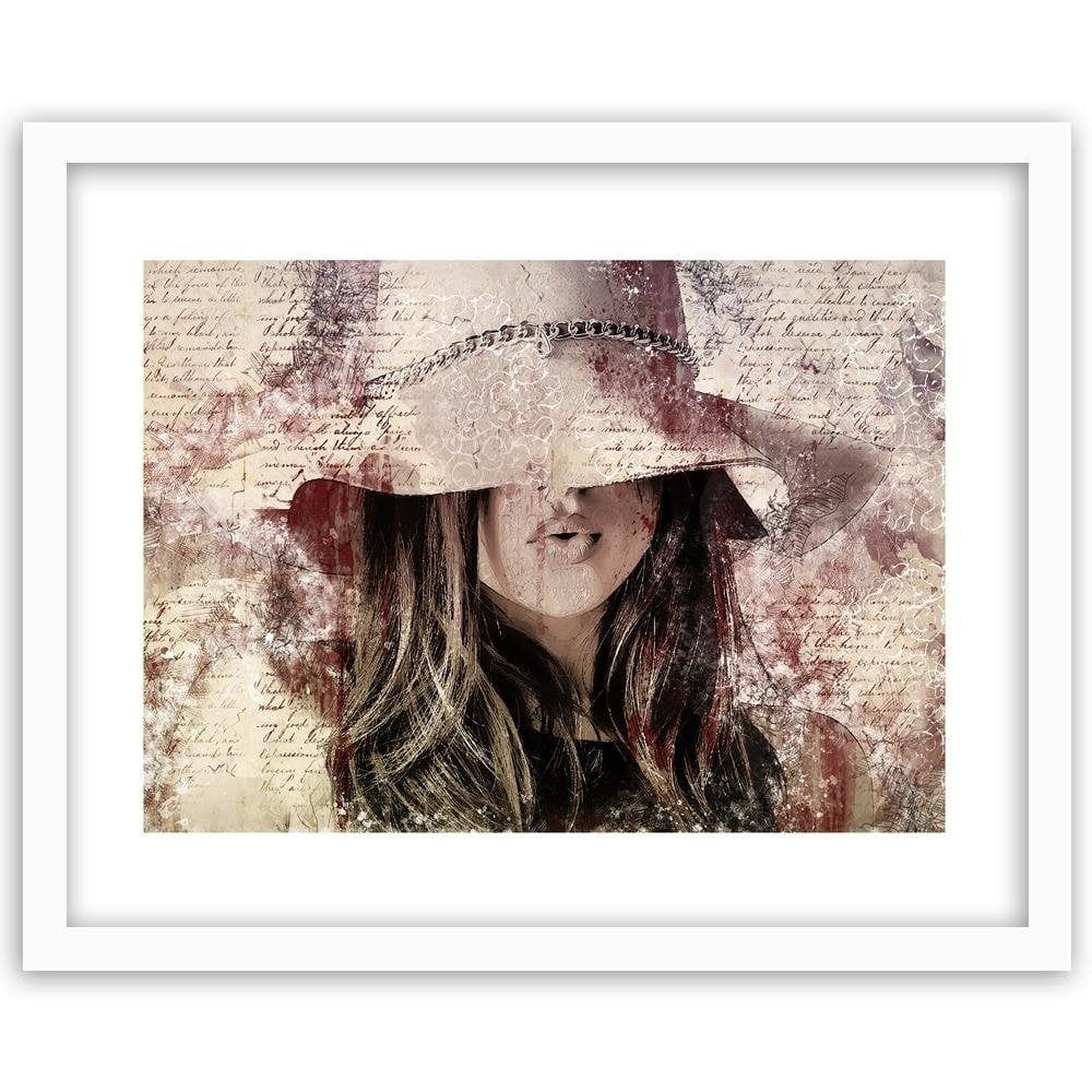 Glezna baltā rāmī - Beautiful Woman In A Hat Home Trends DECO