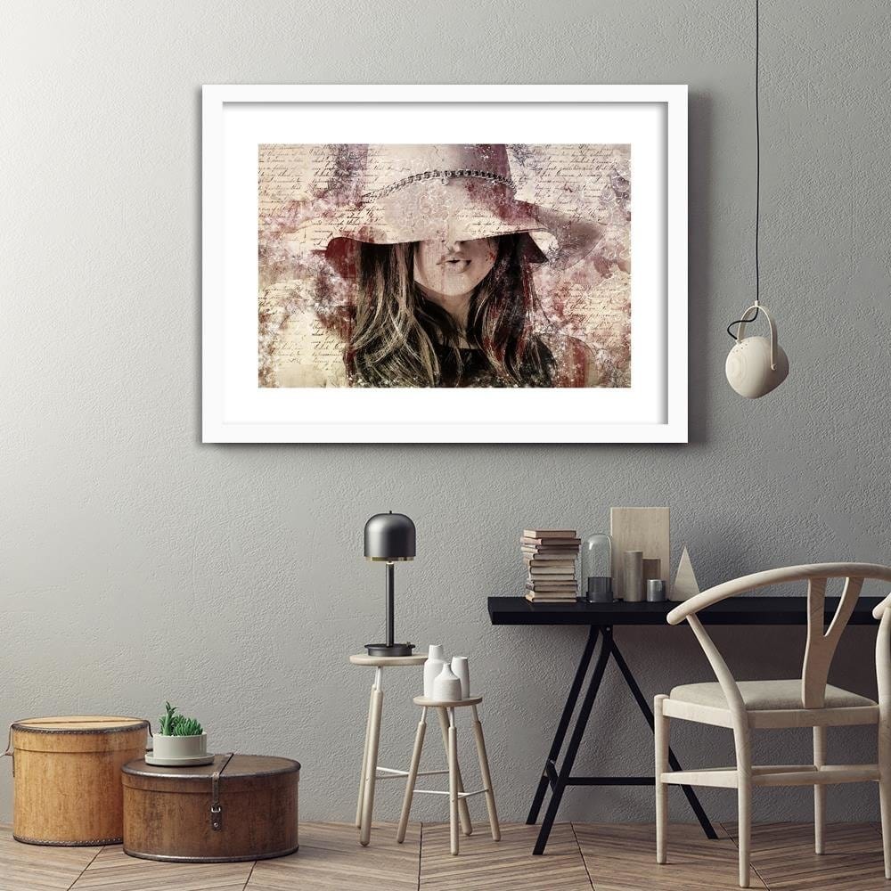 Glezna baltā rāmī - Beautiful Woman In A Hat Home Trends DECO