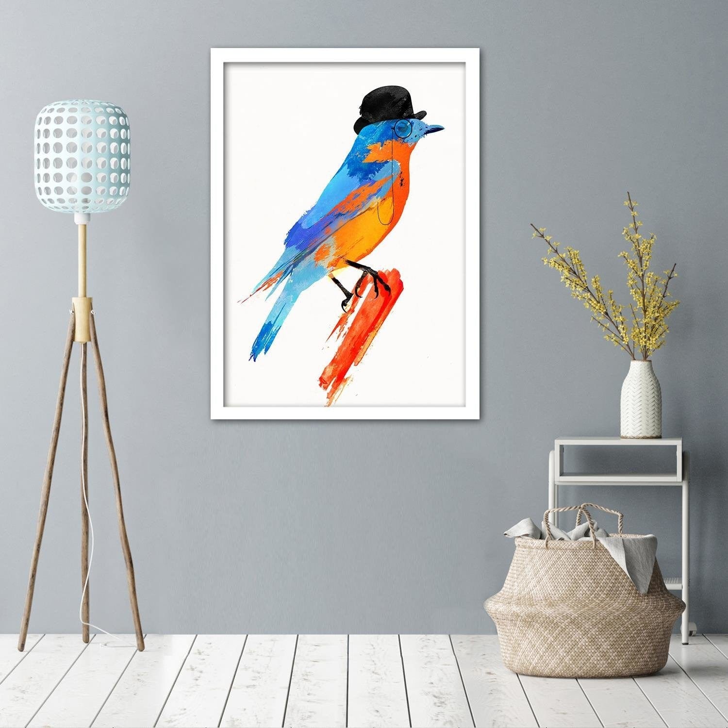 Glezna baltā rāmī - Bird In A Bowler Hat Home Trends DECO