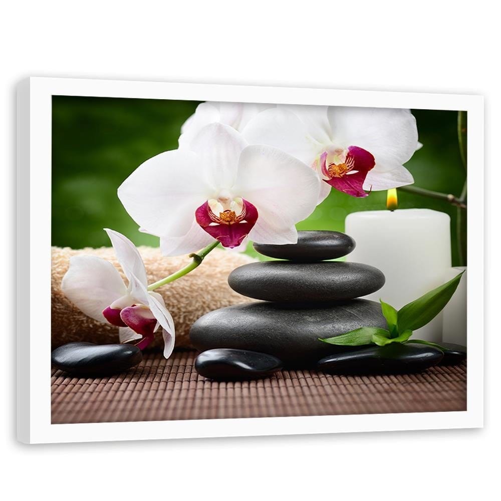 Glezna baltā rāmī - Black Stones And White Orchid Home Trends DECO