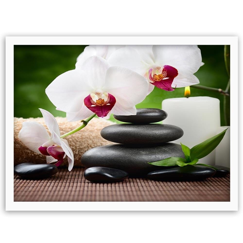 Glezna baltā rāmī - Black Stones And White Orchid Home Trends DECO