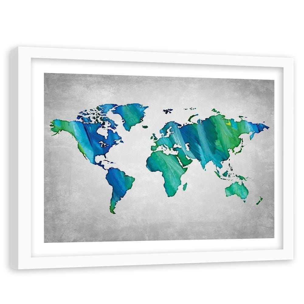 Glezna baltā rāmī - Blue-Green World Map Home Trends DECO