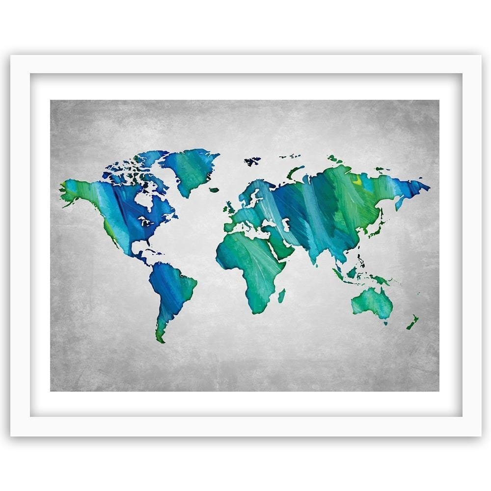 Glezna baltā rāmī - Blue-Green World Map Home Trends DECO