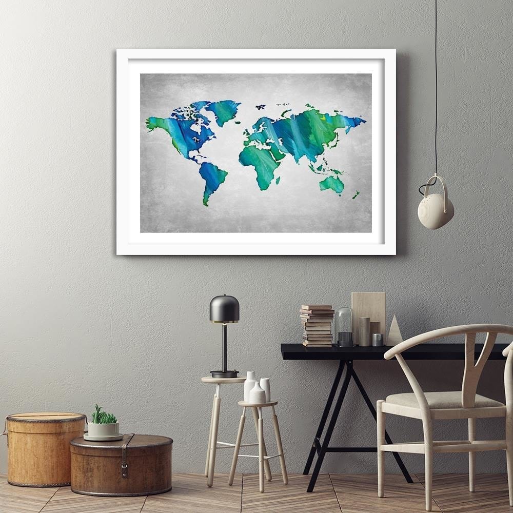 Glezna baltā rāmī - Blue-Green World Map Home Trends DECO