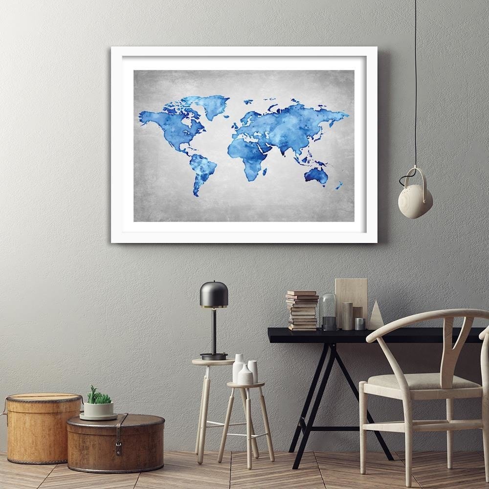 Glezna baltā rāmī - Blue Map Of The World Home Trends DECO