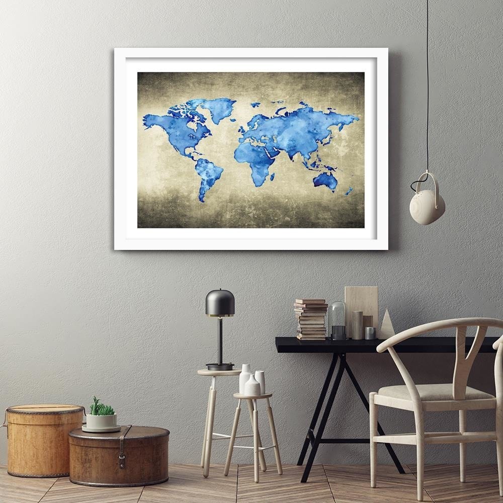 Glezna baltā rāmī - Blue Map Of The World Home Trends DECO