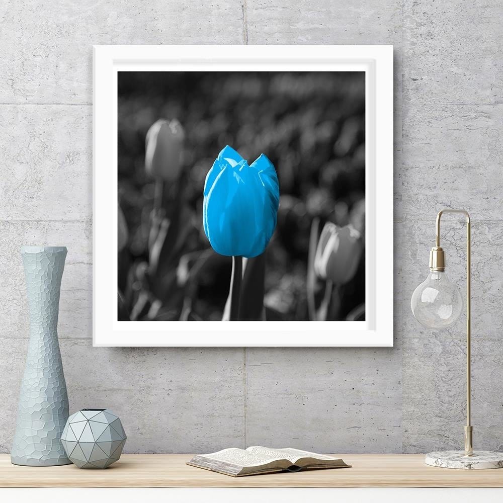Glezna baltā rāmī - Blue Tulip In Gray Home Trends DECO