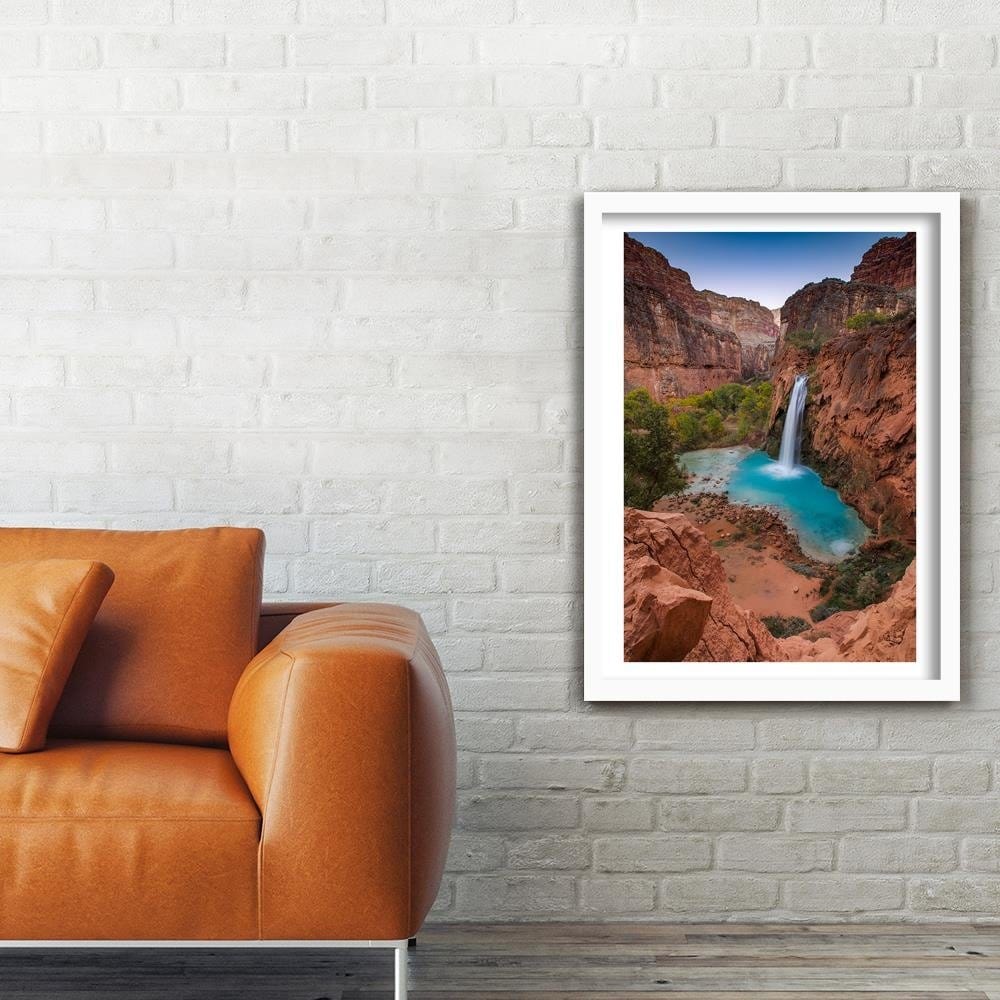 Glezna baltā rāmī - Blue Waterfall Among The Rocks Home Trends DECO